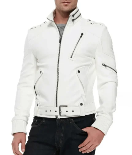 White Slim Fit Leather Jacket Men-1