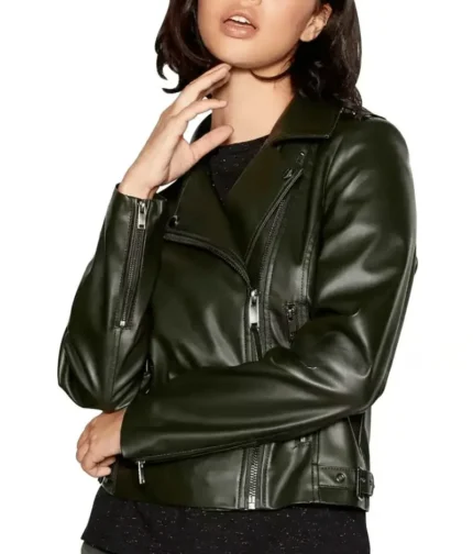 Faux Leather Olive Green Jacket Women-1