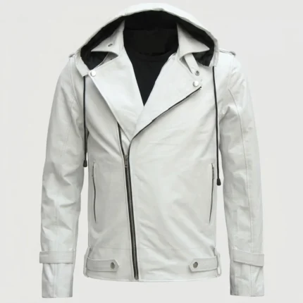 Men’s Sheepskin White Hooded Leather Jacket