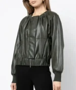 Women’s Dark Olive Gathered Detail Leather Jacket
