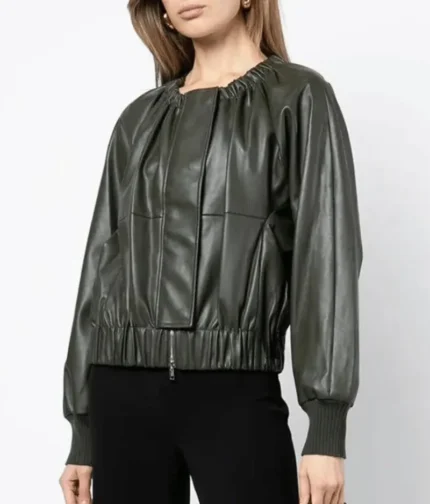 Women’s Dark Olive Gathered Detail Leather Jacket