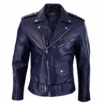 Men’s Navy Blue Leather Biker Jacket