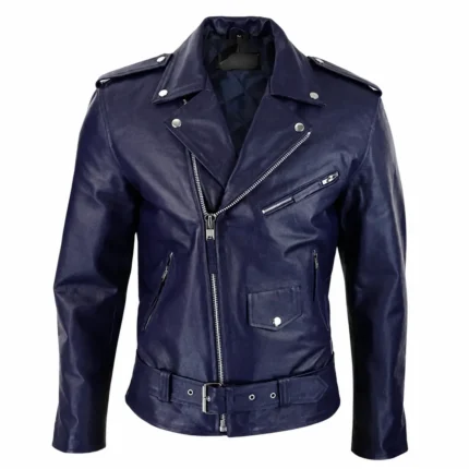 Men’s Navy Blue Leather Biker Jacket