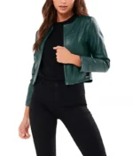 Green Collarless Leather Jacket Women-1