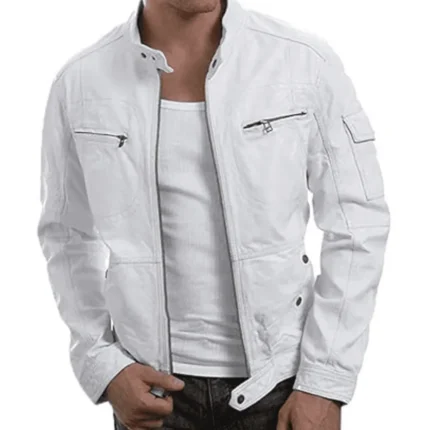Men’s White Racer Leather Jacket