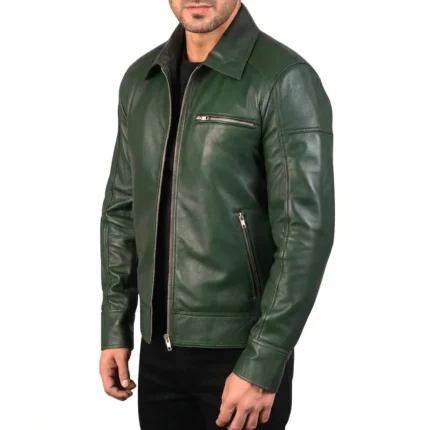 Green Shirt Collar Leather Jacket Men-1