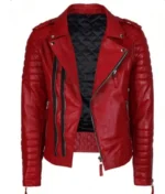 Men’s Red Biker Leather Padded Sleeve Jacket-3