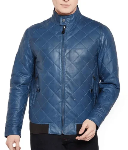 Blue Quilted Leather Jacket Men