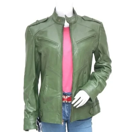Women’s Fashion Green Biker Leather Jacket-1