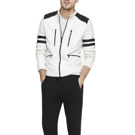 White Leather Jacket With Black Stripes-1