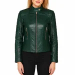 Green Slim Fit Leather Jacket Women-1
