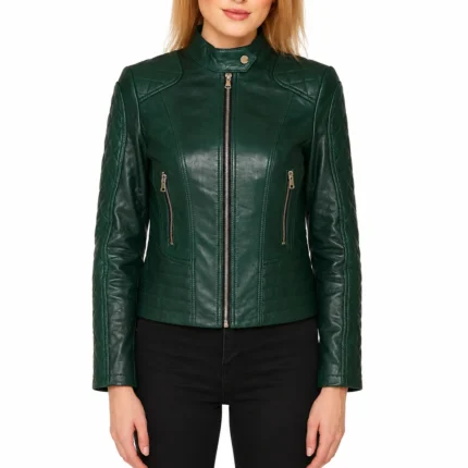Green Slim Fit Leather Jacket Women-1