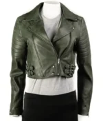 Women’s Forest Green Cropped Leather Biker Jacket