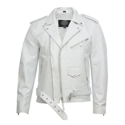 Men’s White Leather Cross Zip Biker Jacket-1
