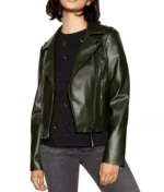 Faux Leather Olive Green Jacket Women