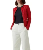 Red Collarless Leather Jacket Women-1