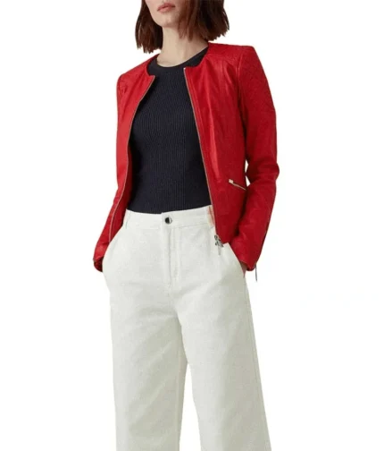 Red Collarless Leather Jacket Women-1