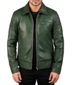Green Shirt Collar Leather Jacket Men