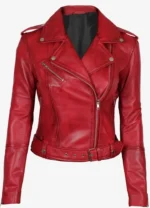 Women’s Red Asymmetrical Belted Leather Jacket