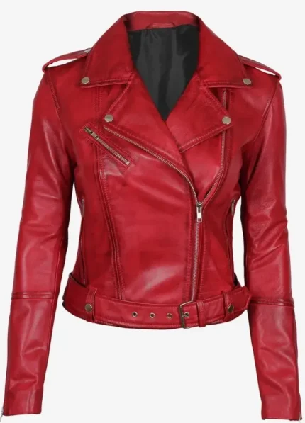 Women’s Red Asymmetrical Belted Leather Jacket