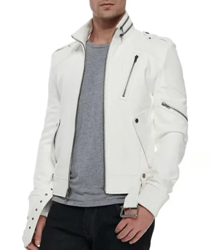 White Slim Fit Leather Jacket Men
