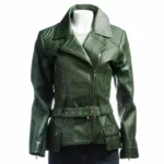 Women’s Bottle Green Belted Asymmetric Biker Style Leather Jacket