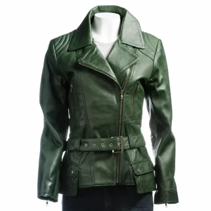 Women’s Bottle Green Belted Asymmetric Biker Style Leather Jacket