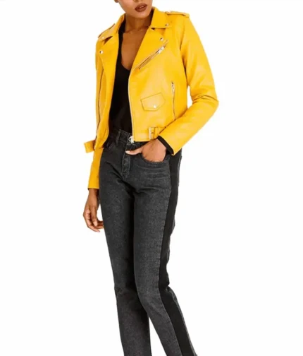 Faux Leather Yellow Jacket Women-1