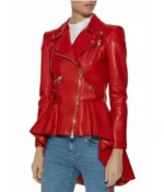 Motorcycle Style Women’s Red Leather Peplum Jacket