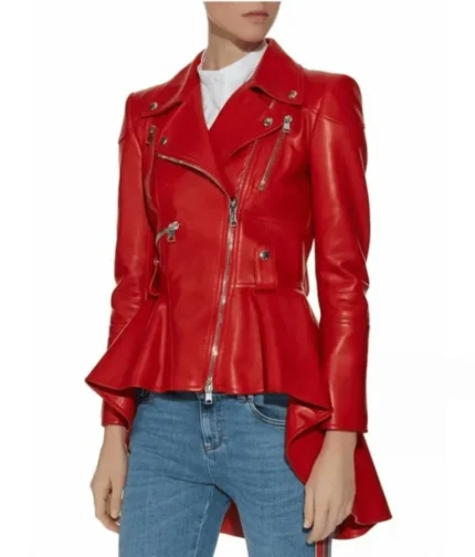 Motorcycle Style Women’s Red Leather Peplum Jacket