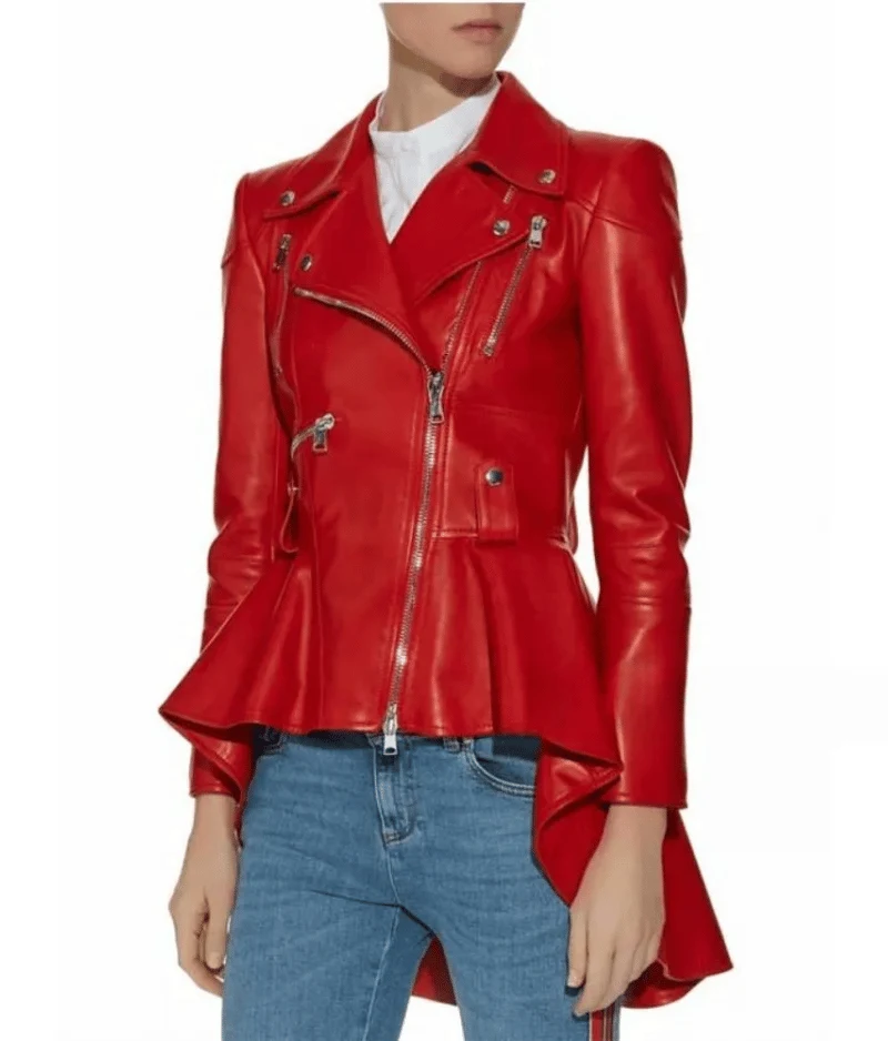 Motorcycle Style Women’s Red Leather Peplum Jacket Motorcycle Style Women’s Red Leather Peplum Jacket