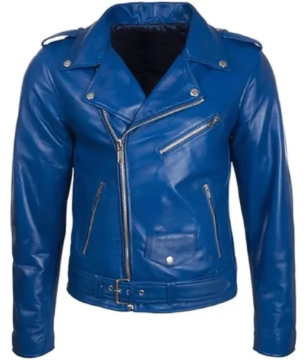 Men’s Blue Leather Biker Jacket