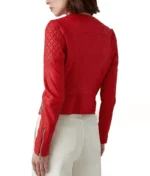 Red Collarless Leather Jacket Women-2