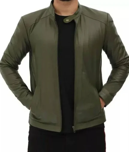 Men’s Sheepskin Leather Green Biker Jacket