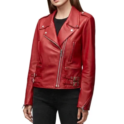 Red Biker Leather Jacket Women-2