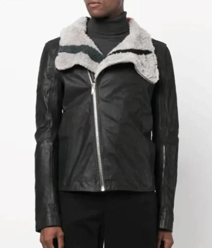 Men’s Black Fur Lining Asymmetric Leather Jacket-1