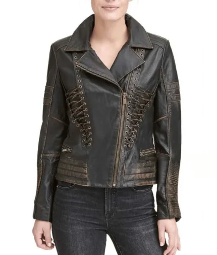 Distressed Black Leather Jacket Women