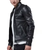 Black Shirt Collar Leather Jacket-1