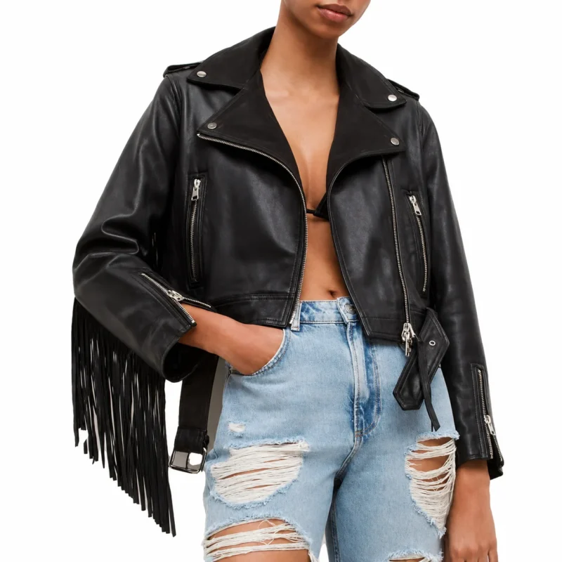 Ayra Fringed Black Leather Jacket-2