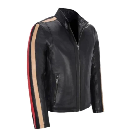 Men Black Motorcycle Stripes Leather Jacket-1