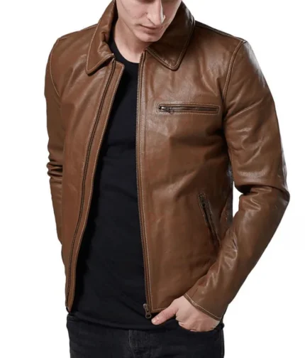 Brown Shirt Collar Leather Jacket Men-1