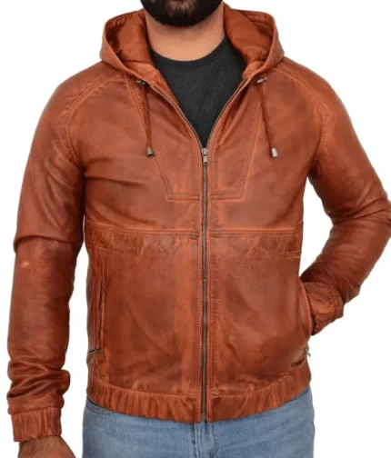 Men’s Tan Leather Hooded Jacket