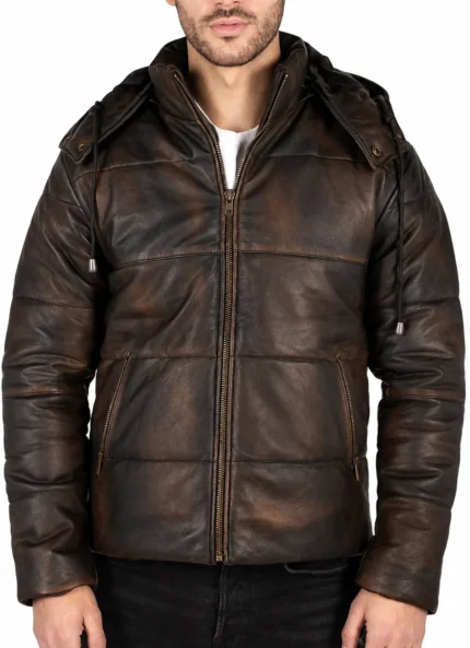 Men’s Distressed Leather Puffer Jacket