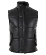 Men’s Black Leather Quilted Sleeveless Jacket