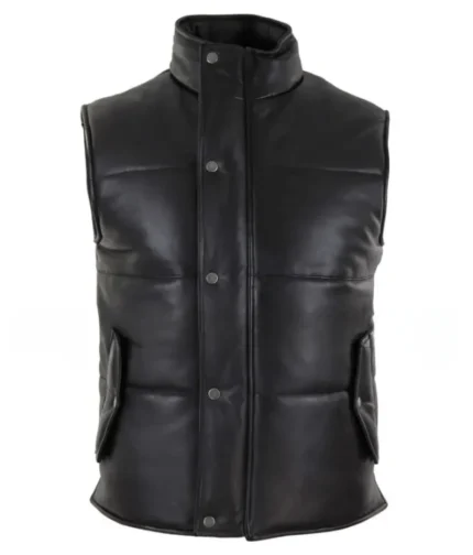 Men’s Black Leather Quilted Sleeveless Jacket