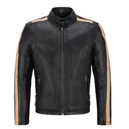 Men Black Motorcycle Stripes Leather Jacket