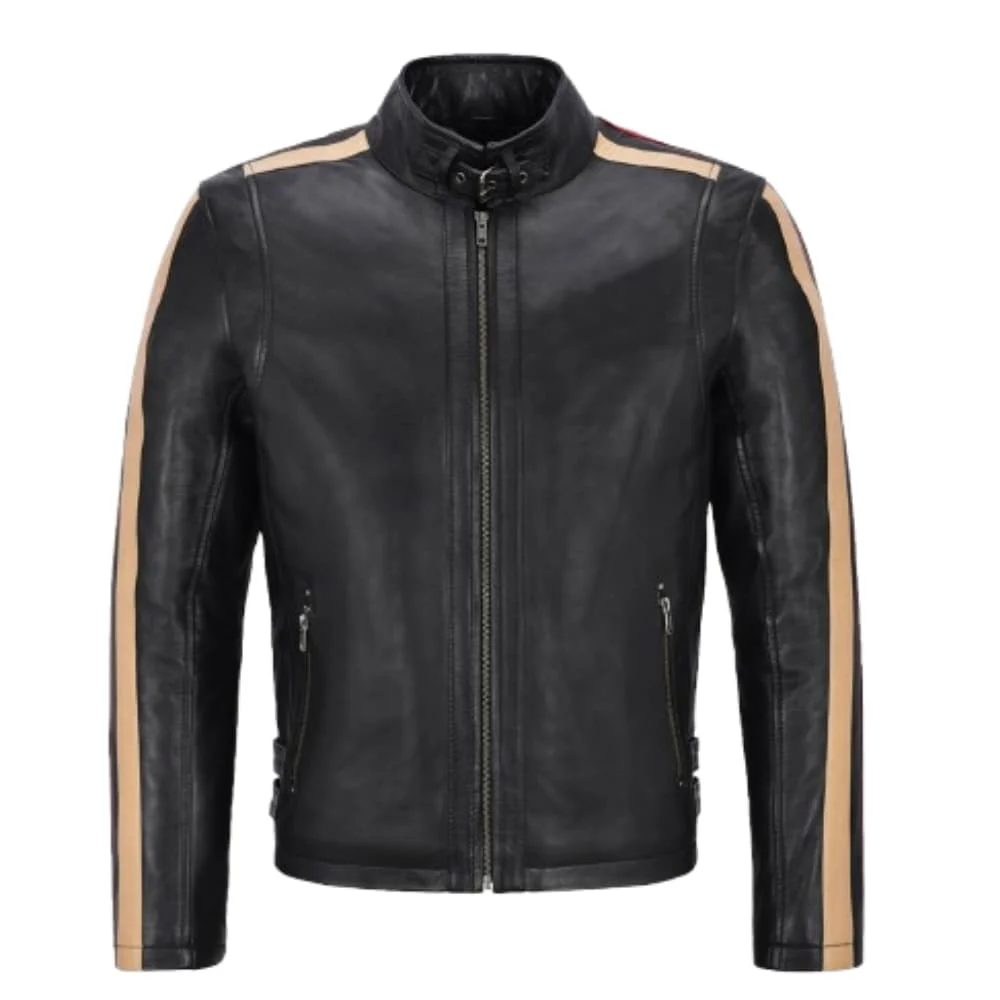 Men Black Motorcycle Stripes Leather Jacket Men Black Motorcycle Stripes Leather Jacket