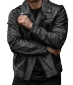 Distressed Black Biker Leather Jacket-2
