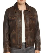 Distressed Brown Shirt Collar Leather Jacket