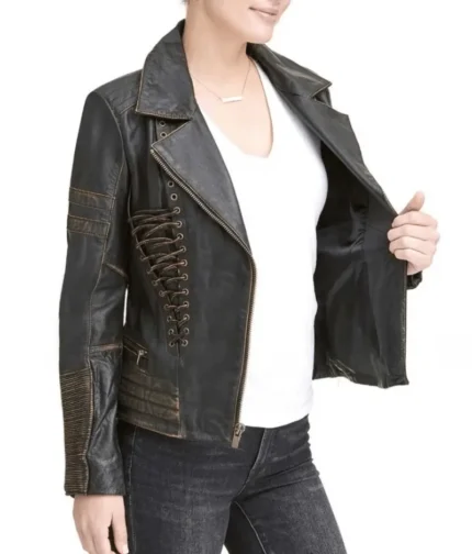 Distressed Black Leather Jacket Women-2